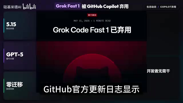 从5月15日起,Grok CodeFast 1模型已经在GitHub Copilot的所有服务体验中被弃用