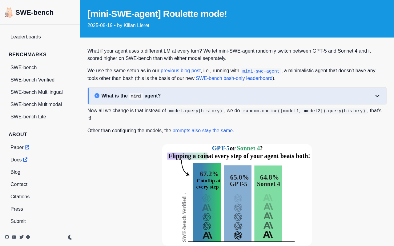 mini-SWE-agent Roulette Mode: Why Randomly Switching Between LLMs Actually Performs Better