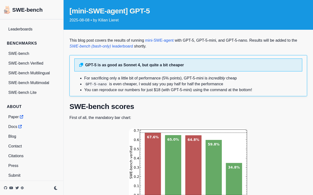 GPT-5 SWE-bench Evaluation: GPT-5-mini Crushes the Competition on Cost-Effectiveness vs Claude Sonnet 4