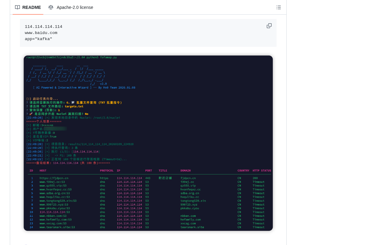 github source: asaotomo/FofaMap: FofaMap v2.0 是一款基于 Python3 开发的全网首个 AI 驱动红队资产测绘智能体。在延续原有 FOFA 数据采集、存活检测、统计聚合、图标 Has