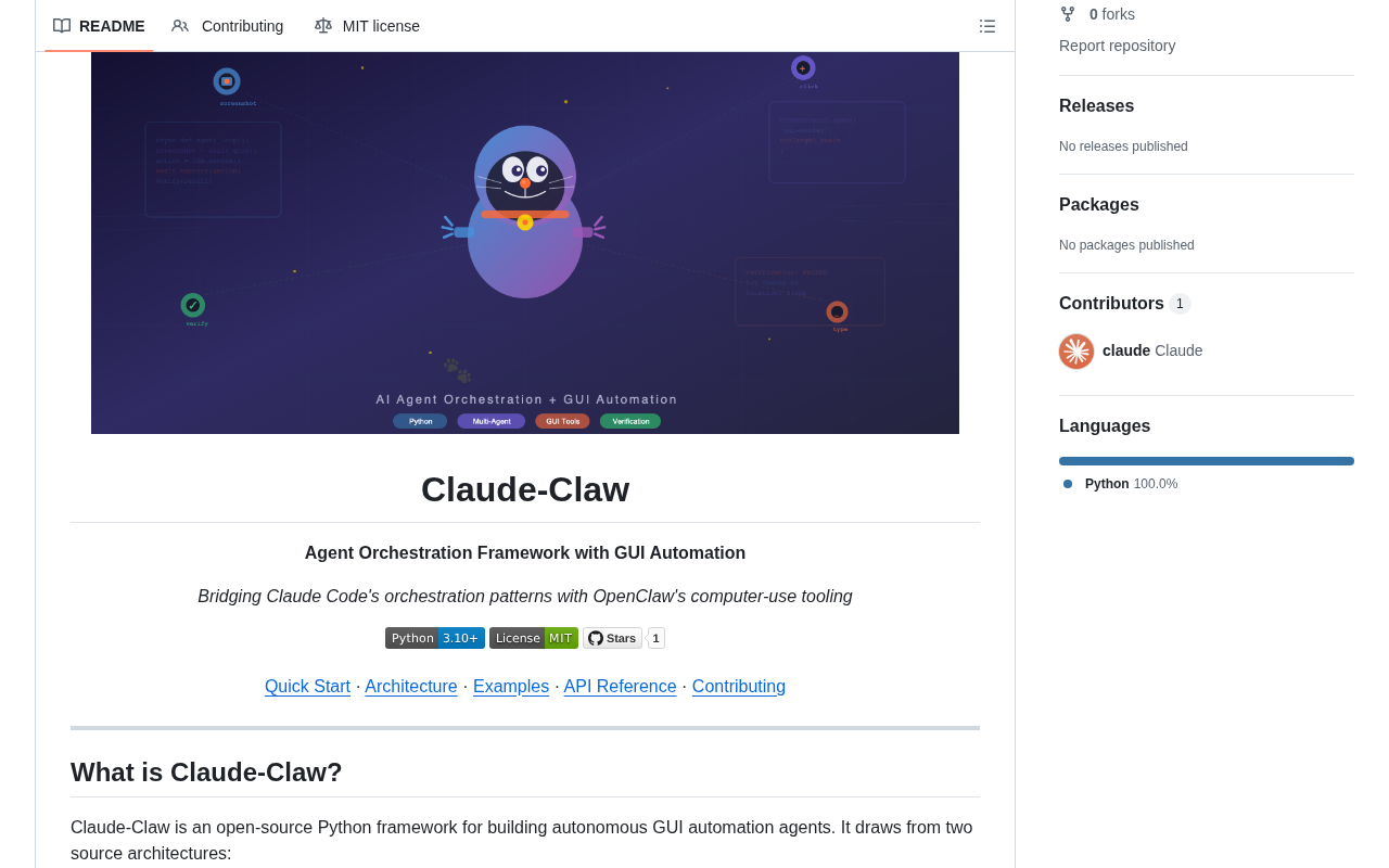 github source: huyuelin/Claude-Claw: AI Agent Orchestration + GUI Automation Framework - Claude Code's Tengu brain 