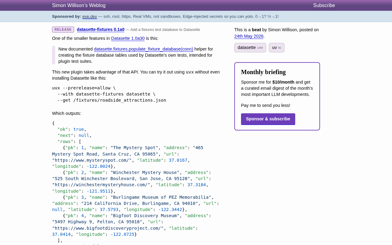 datasette-fixtures: Create a Datasette Test Database with a Single Command