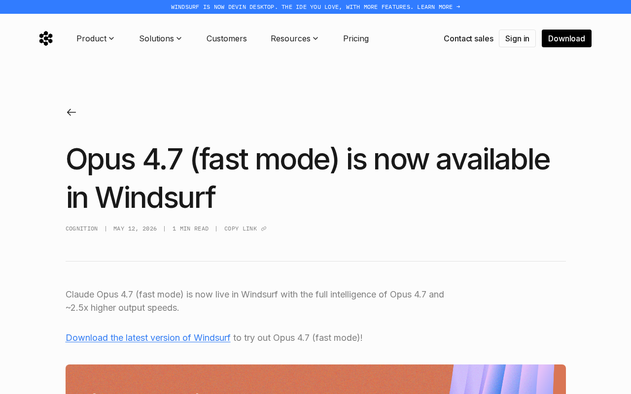 Opus 4.7 Fast Mode Lands on Windsurf: 2.5x Speed Boost with No Loss in Intelligence