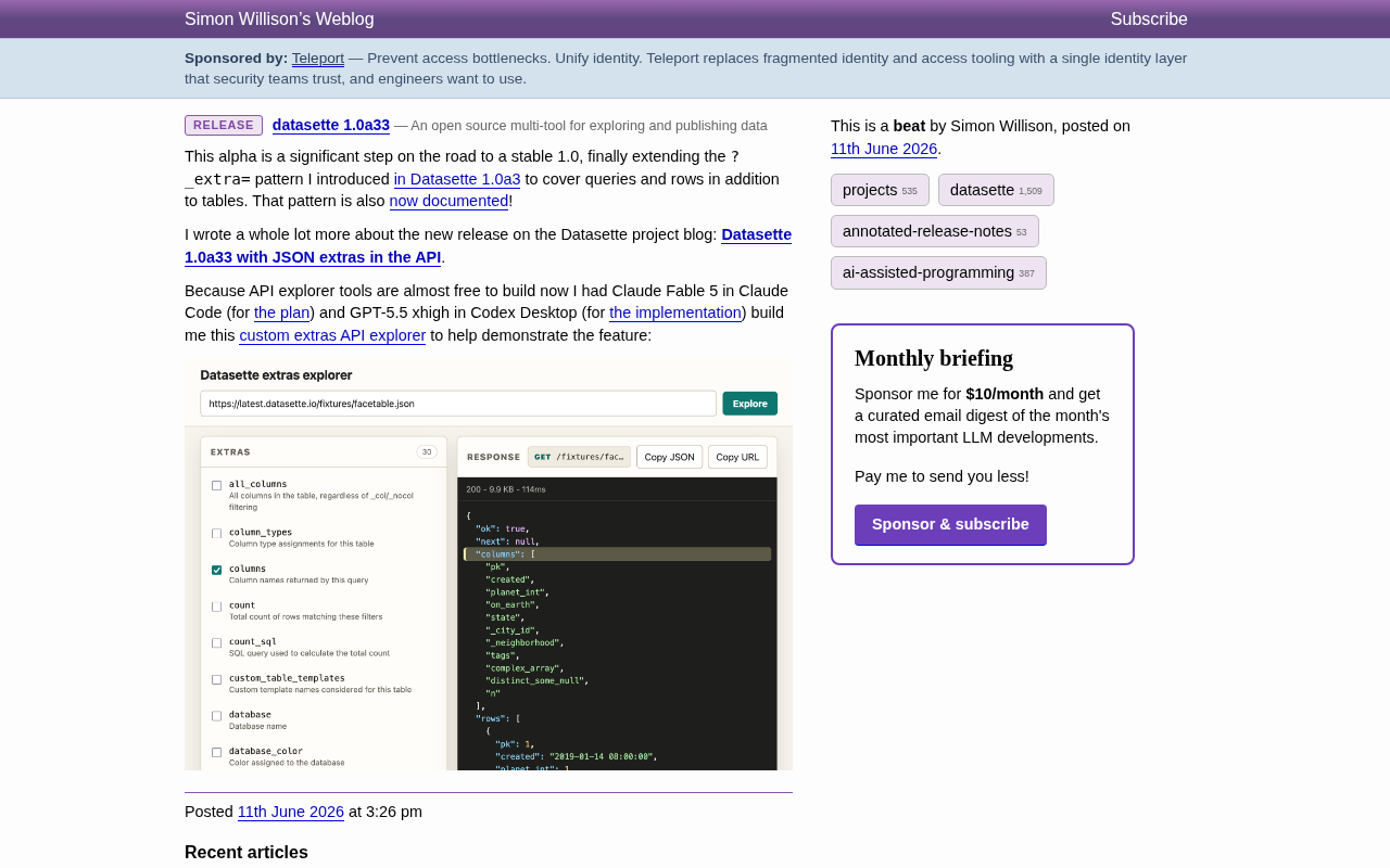 Datasette 1.0a33 Released: Comprehensive JSON Extras API Expansion and AI-Assisted Development in Practice