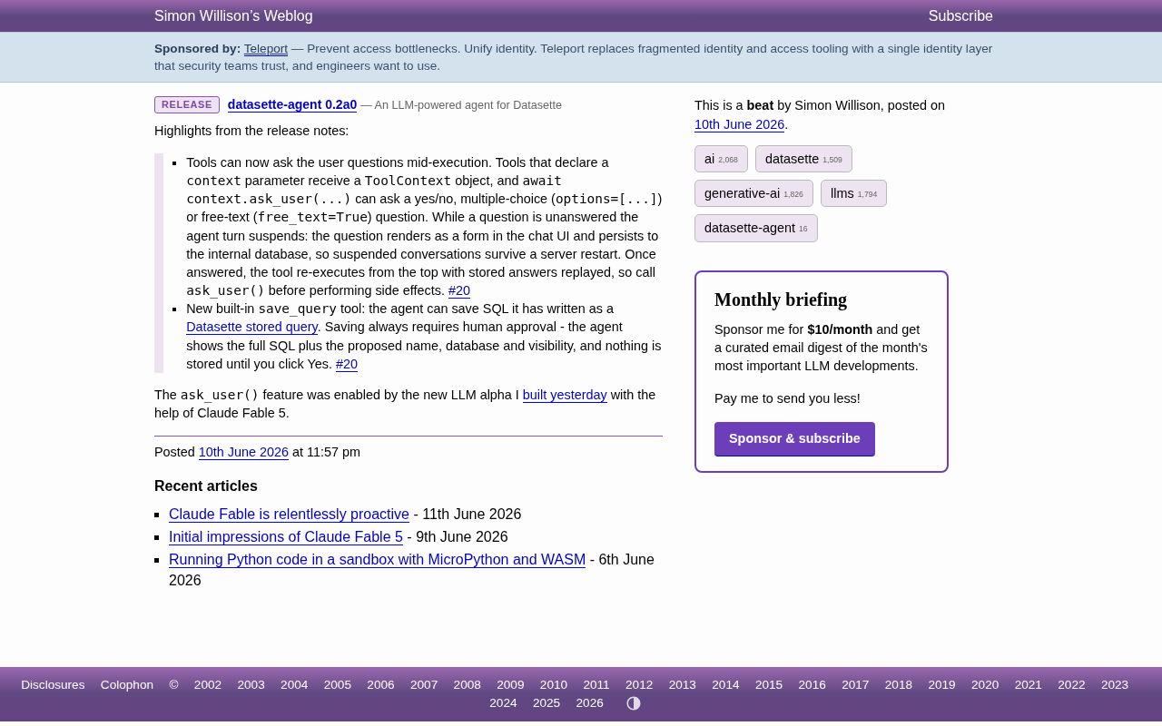 Datasette Agent 0.2a0:AI代理工具执行中向用户提问的新机制