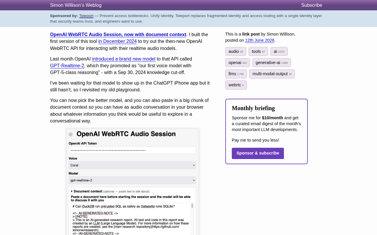 Simon Willison Updates WebRTC Voice Tool: Now Supports Document Context Conversations and GPT-Realtime-2