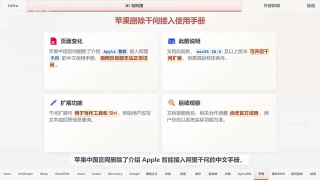 苹果中国官网删除了介绍Apple智能接入阿里签问的中文手册。