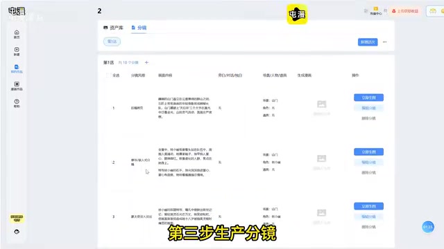 进入分镜页面可以看到脚本跑完的所有分镜内容