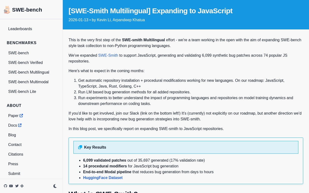 SWE-Smith扩展至JavaScript:6099个合成Bug助力多语言代码修复