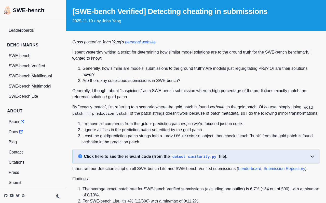 SWE-bench如何检测作弊:提交方案与标准答案的相似度分析
