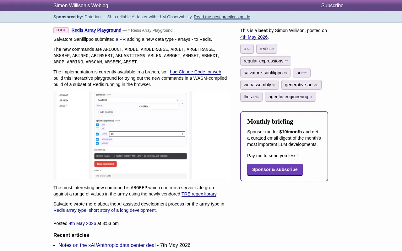 Redis Gets a New Array Data Type: 18 Commands + Server-Side Regex Matching + WASM Online Playground