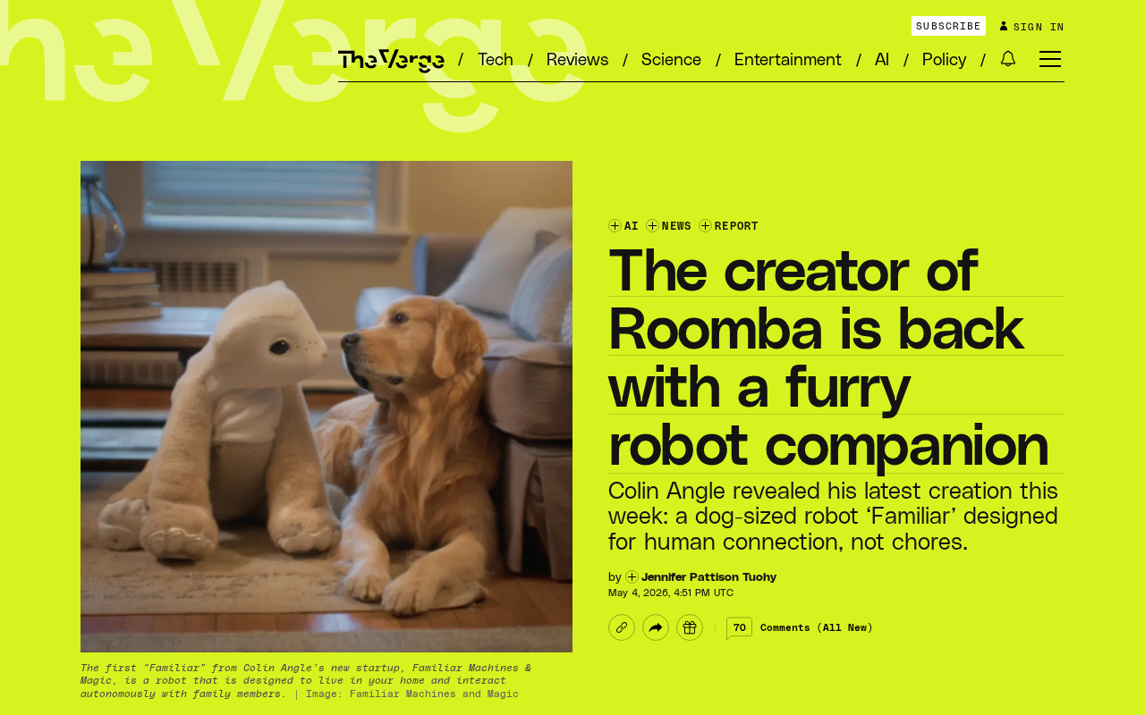 Roomba之父Colin Angle回归:推出毛茸茸机器人宠物伴侣