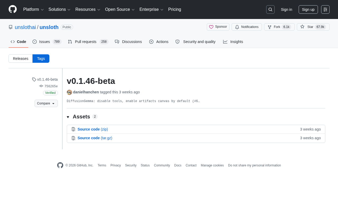 Unsloth v0.1.46-beta Update: DiffusionGemma Tool Calling Disabled and Artifacts Canvas Enabled by Default