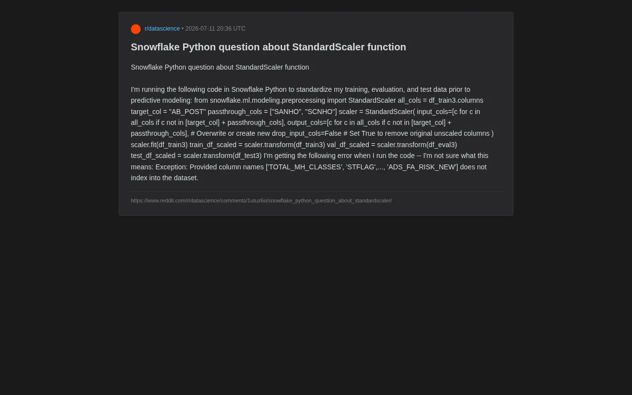 Snowflake ML StandardScaler Error: 'does not index into the dataset' — A Complete Troubleshooting Guide