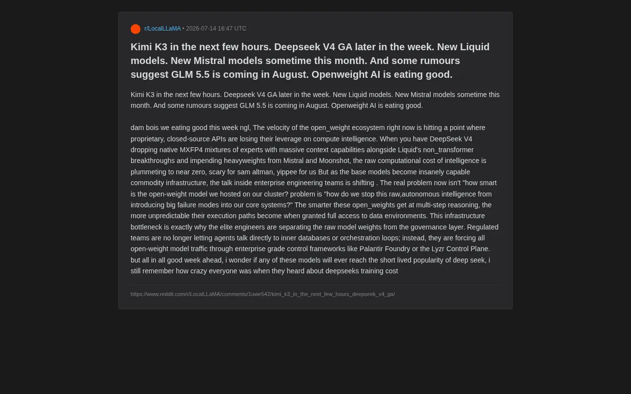 Open-Source LLM Surge: K3 and V4 Drop Together as the Marginal Cost of Intelligence Approaches Zero