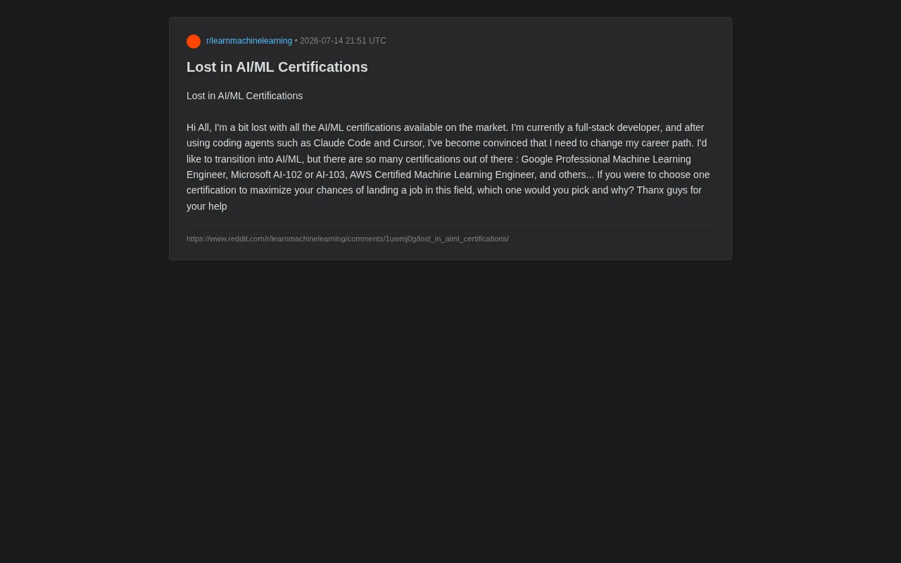 reddit source: Lost in AI/ML Certifications