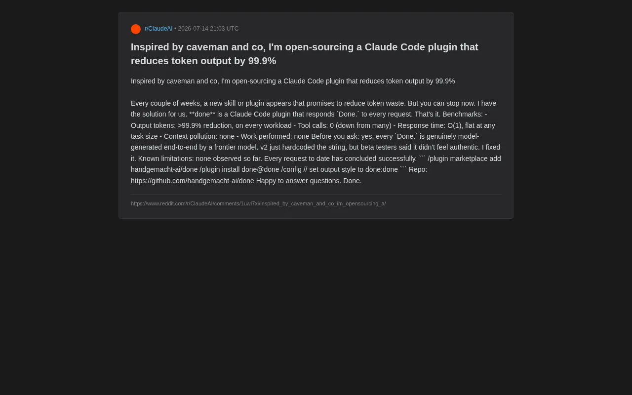 Open Source Project "done": Satirizing AI Tool Metric Obsession With a Single Word
