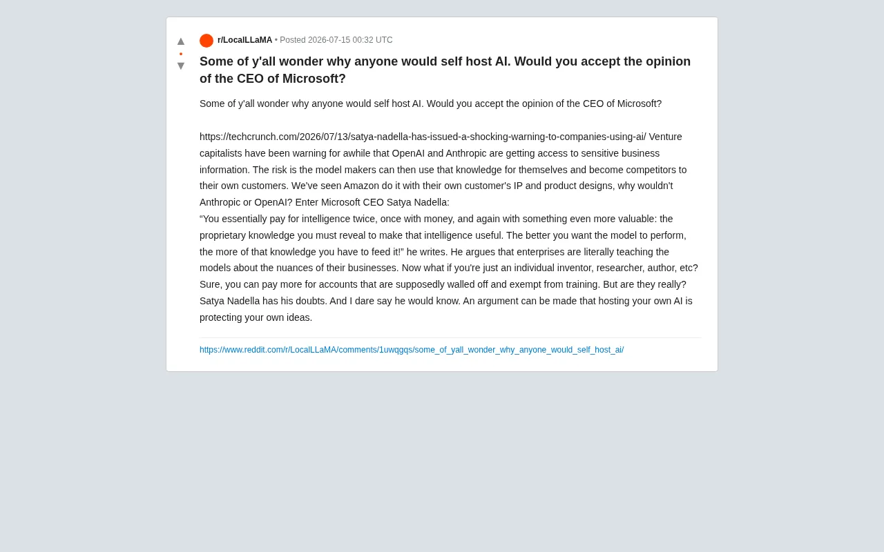 Self-Hosted AI vs. Cloud Services? Microsoft CEO's Warning on Data Sovereignty
