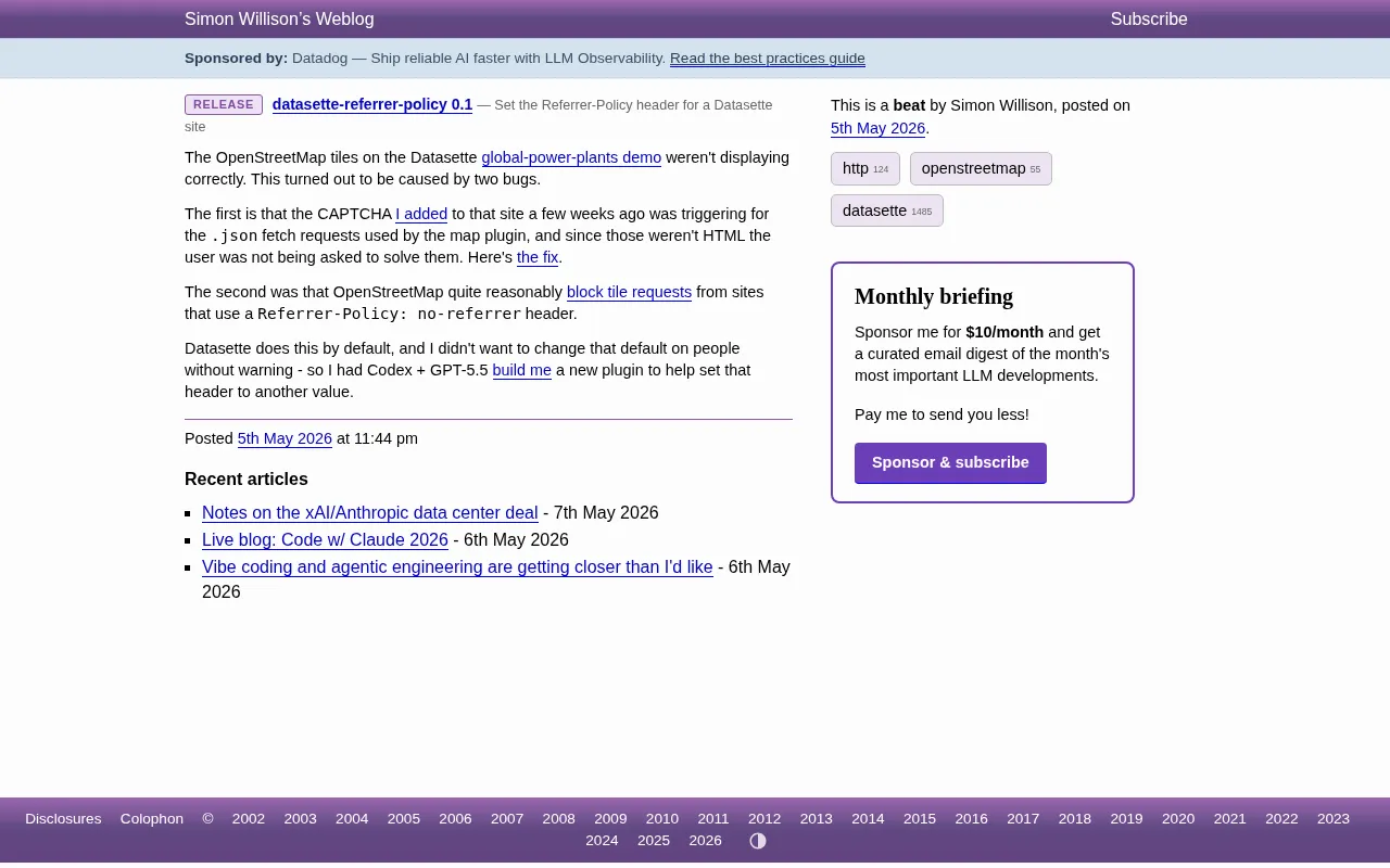 Simon Willison's Full Process of Fixing a Datasette Map Bug with GPT-5.5 + Codex