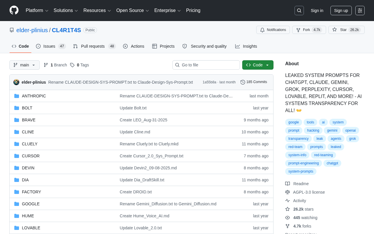 CL4R1T4S Project: Massive Leak of Major AI System Prompts Sparks Transparency Debate with 25,000+ Stars