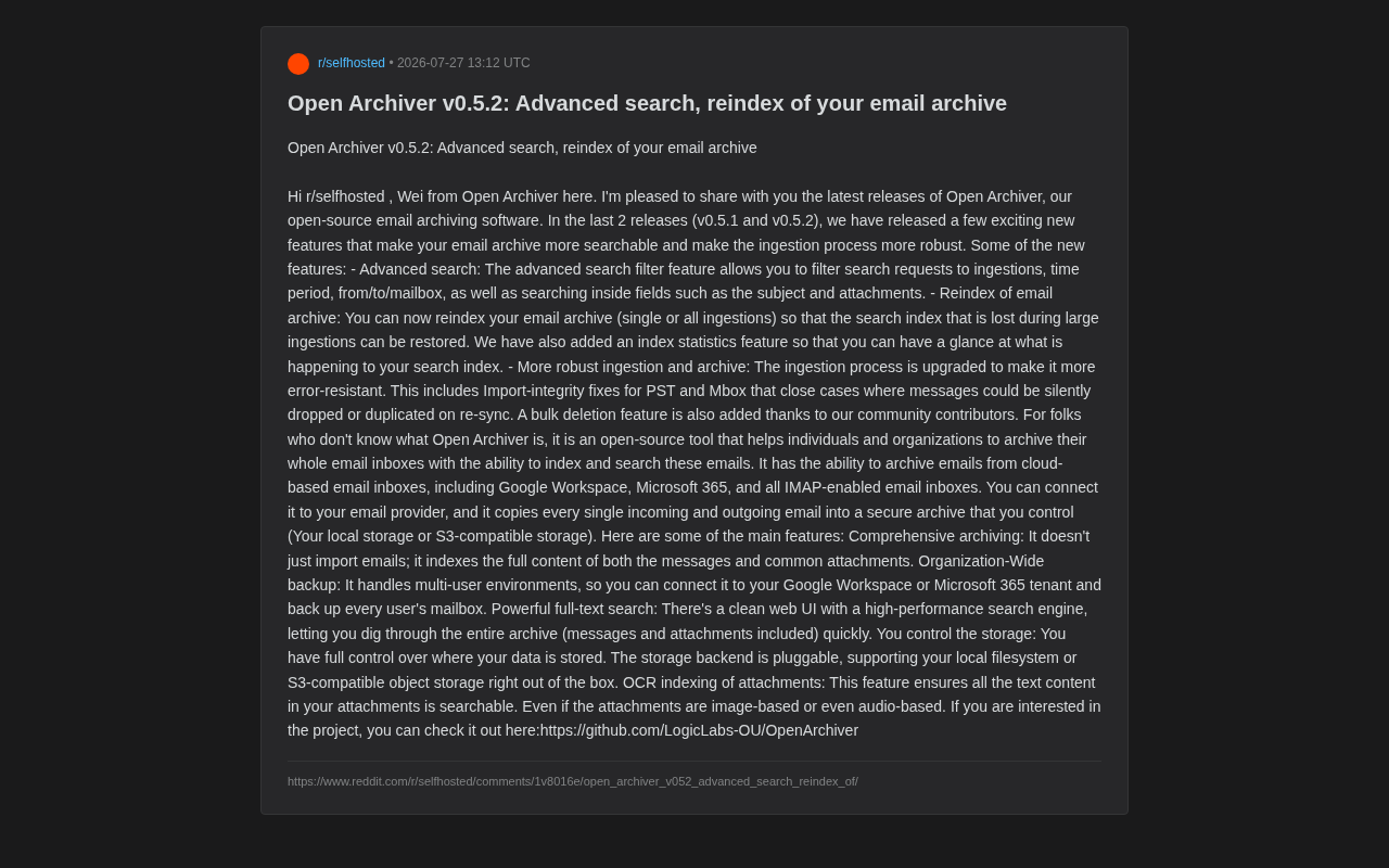 Open Archiver v0.5.2 深度解析：开源邮件归档工具新特性全览