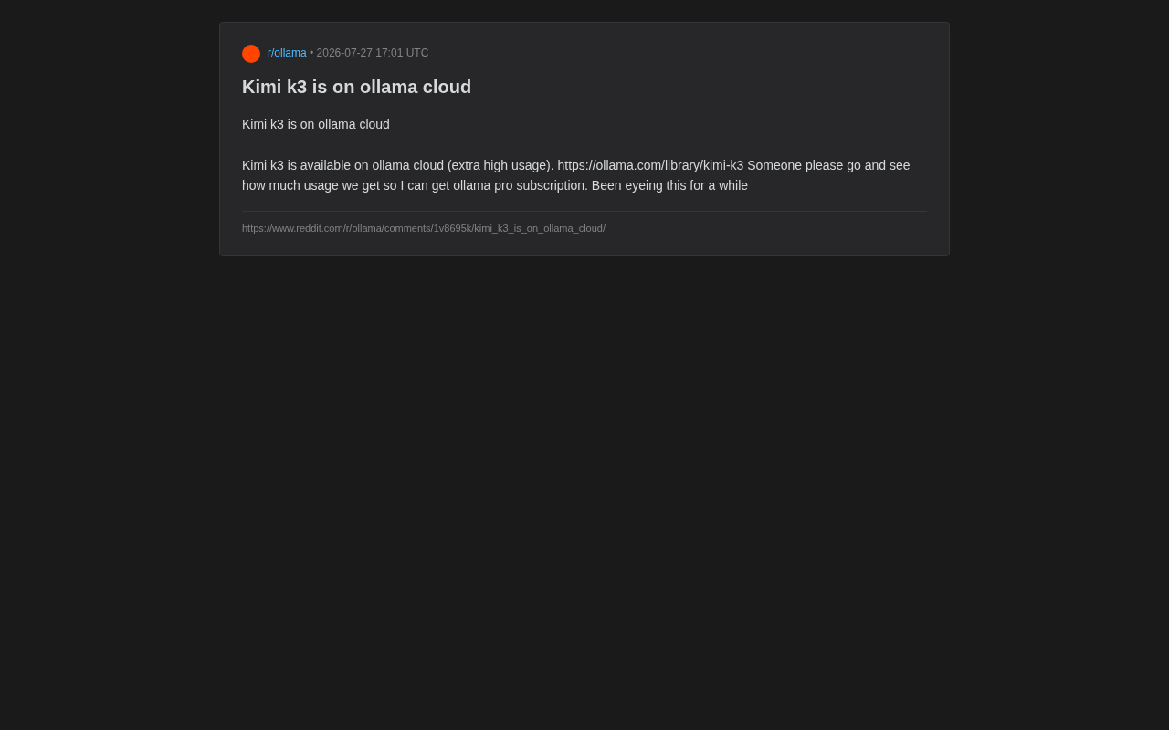 Kimi K3 上线 Ollama Cloud:免费额度、使用体验与开发者指南