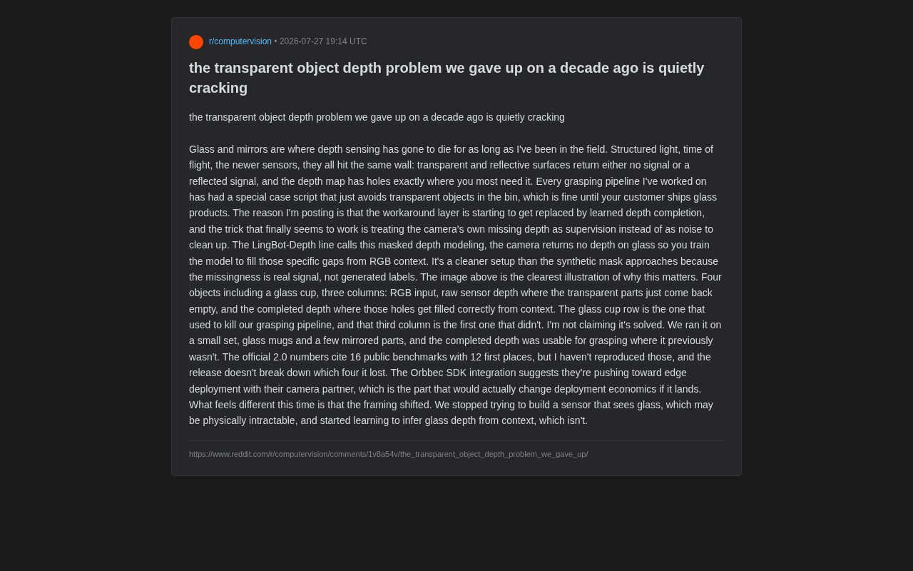 透明物体深度感知难题:LingBot-Depth如何用掩码深度建模破局