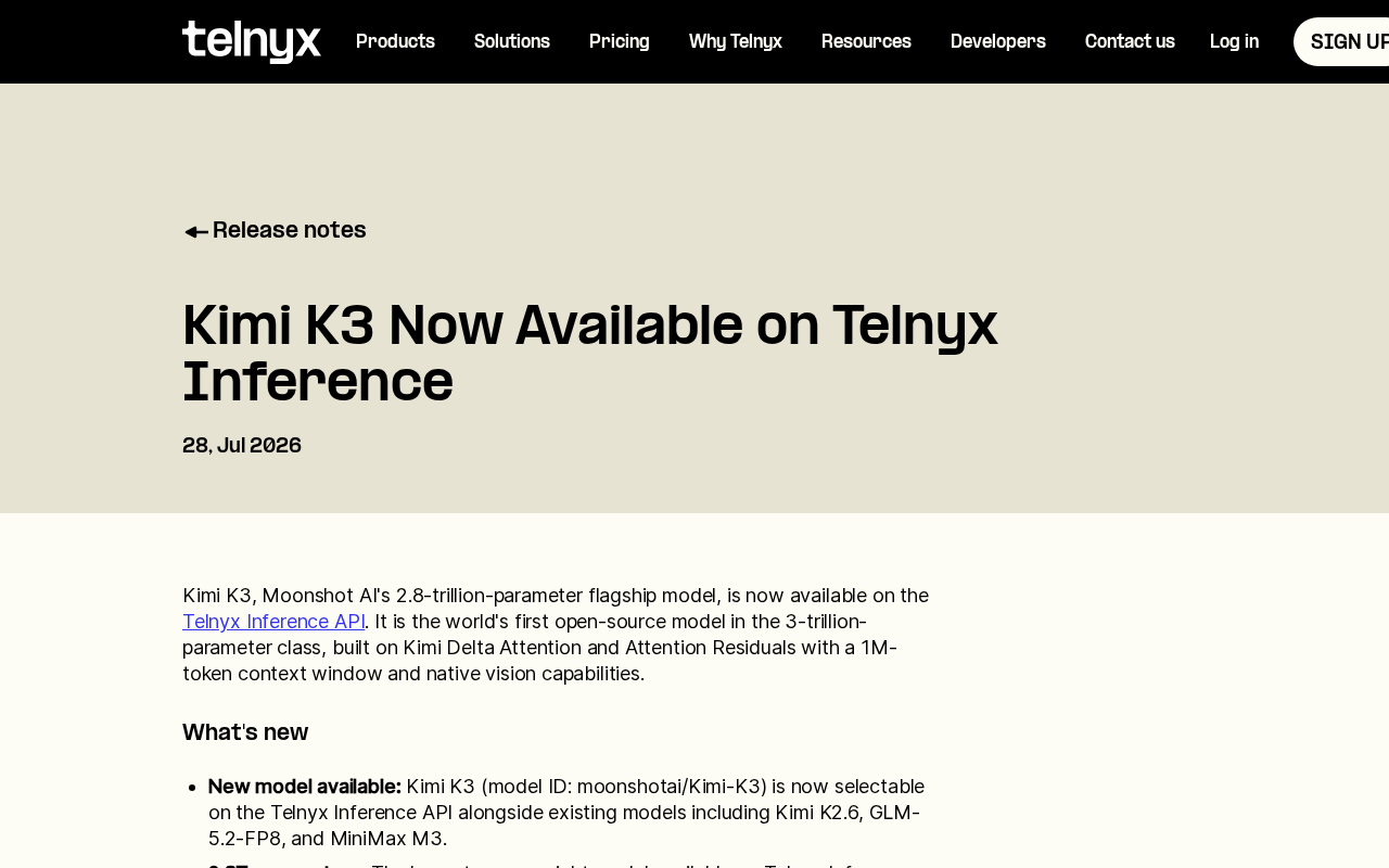 Kimi K3登陆Telnyx推理API:国产大模型出海新路径