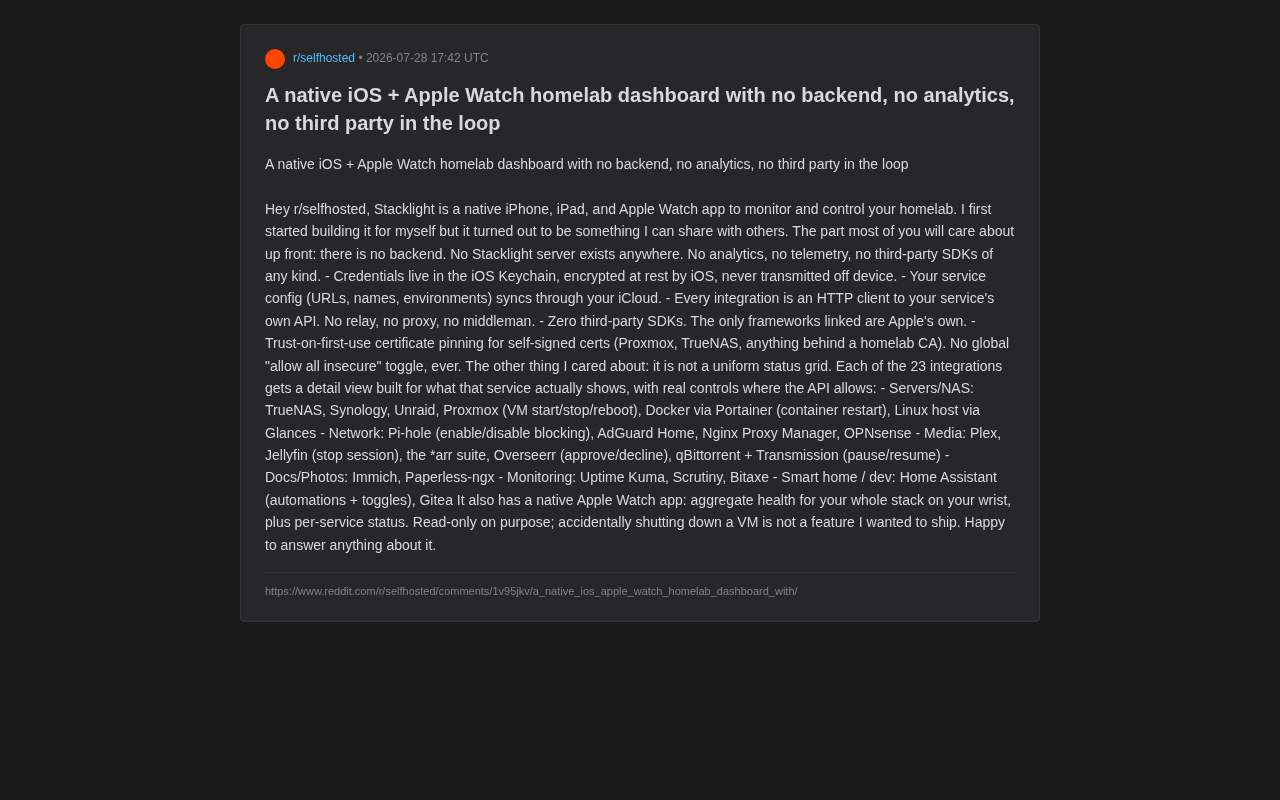 Stacklight:零后端原生iOS家庭实验室监控应用深度解析
