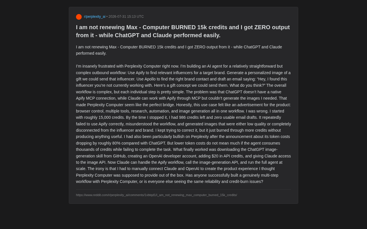 Perplexity Computer实测:烧掉15000积分颗粒无收