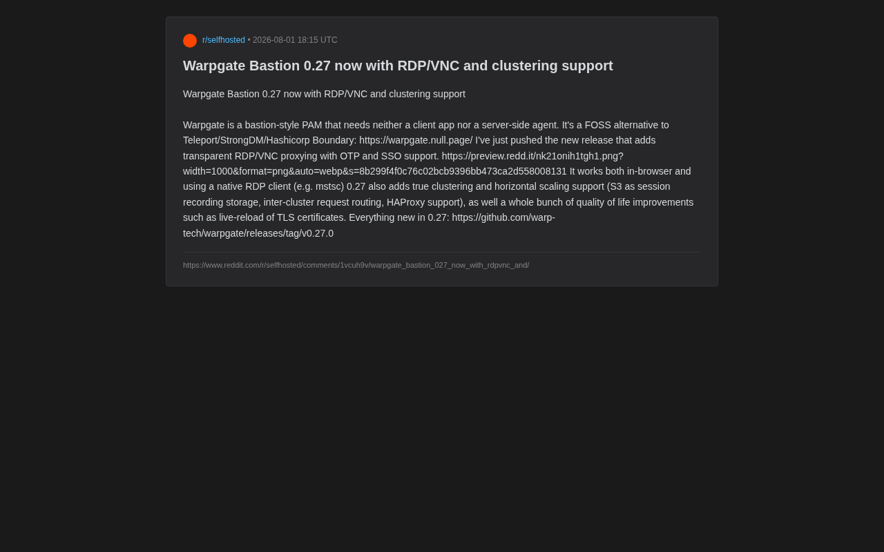 Warpgate 0.27发布:开源堡垒机新增RDP/VNC与集群支持