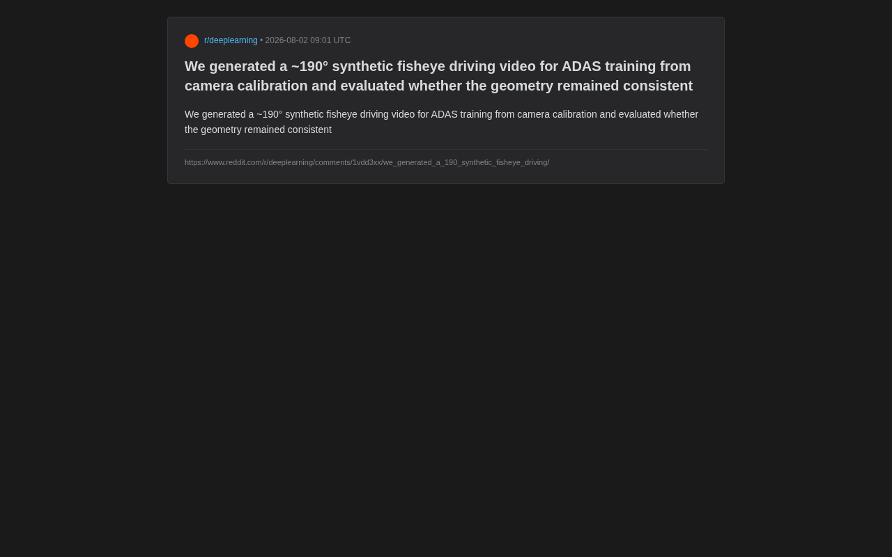 合成190°鱼眼驾驶视频:ADAS训练数据的几何一致性挑战