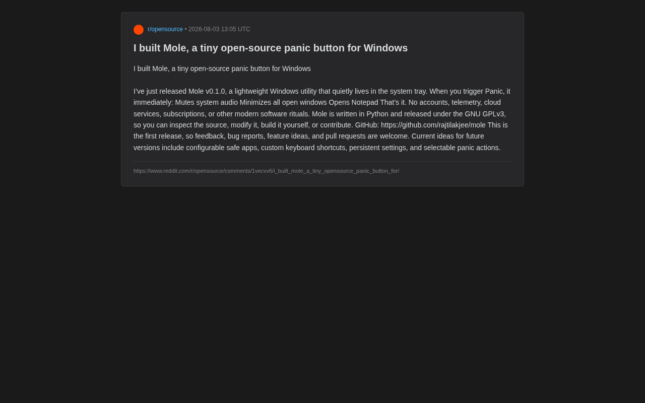 Mole:开源免费的Windows一键隐藏窗口工具