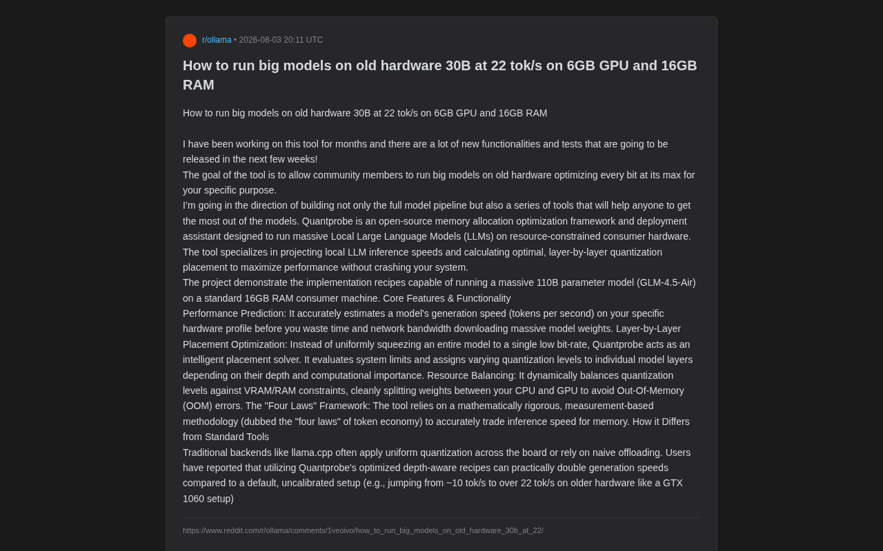 Quantprobe: An Open-Source Tool for Running 30B LLMs on 6GB GPUs