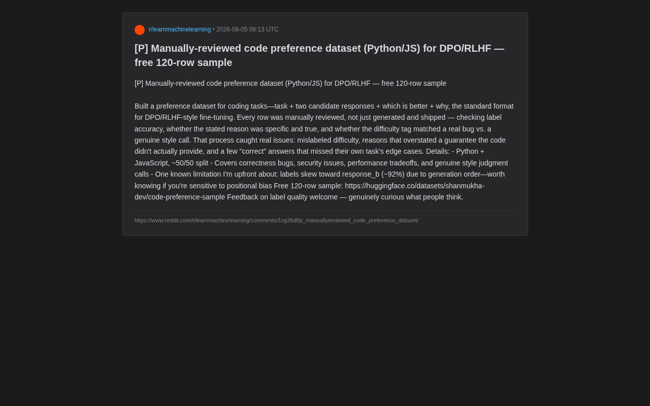 Code Preference Dataset: Manually Reviewed Training Material for DPO/RLHF Fine-Tuning