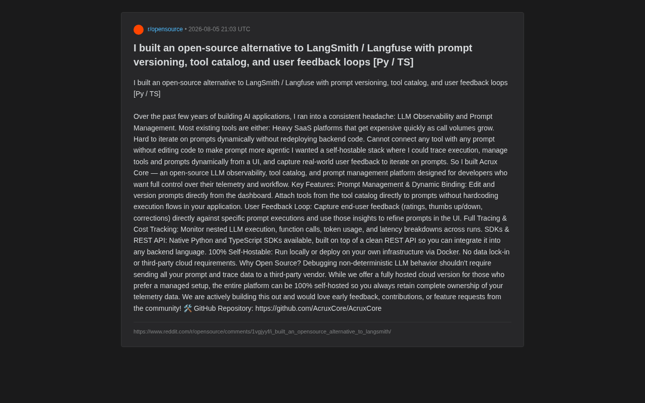 Acrux Core:开源LLM可观测性平台,自托管替代LangSmith