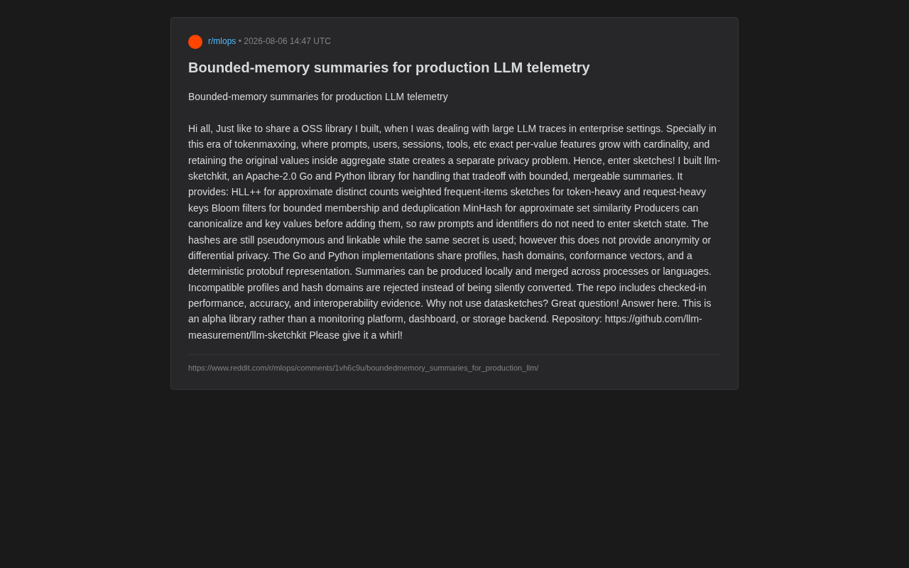 llm-sketchkit: Solving High-Cardinality and Privacy Challenges in LLM Telemetry with Sketch Algorithms