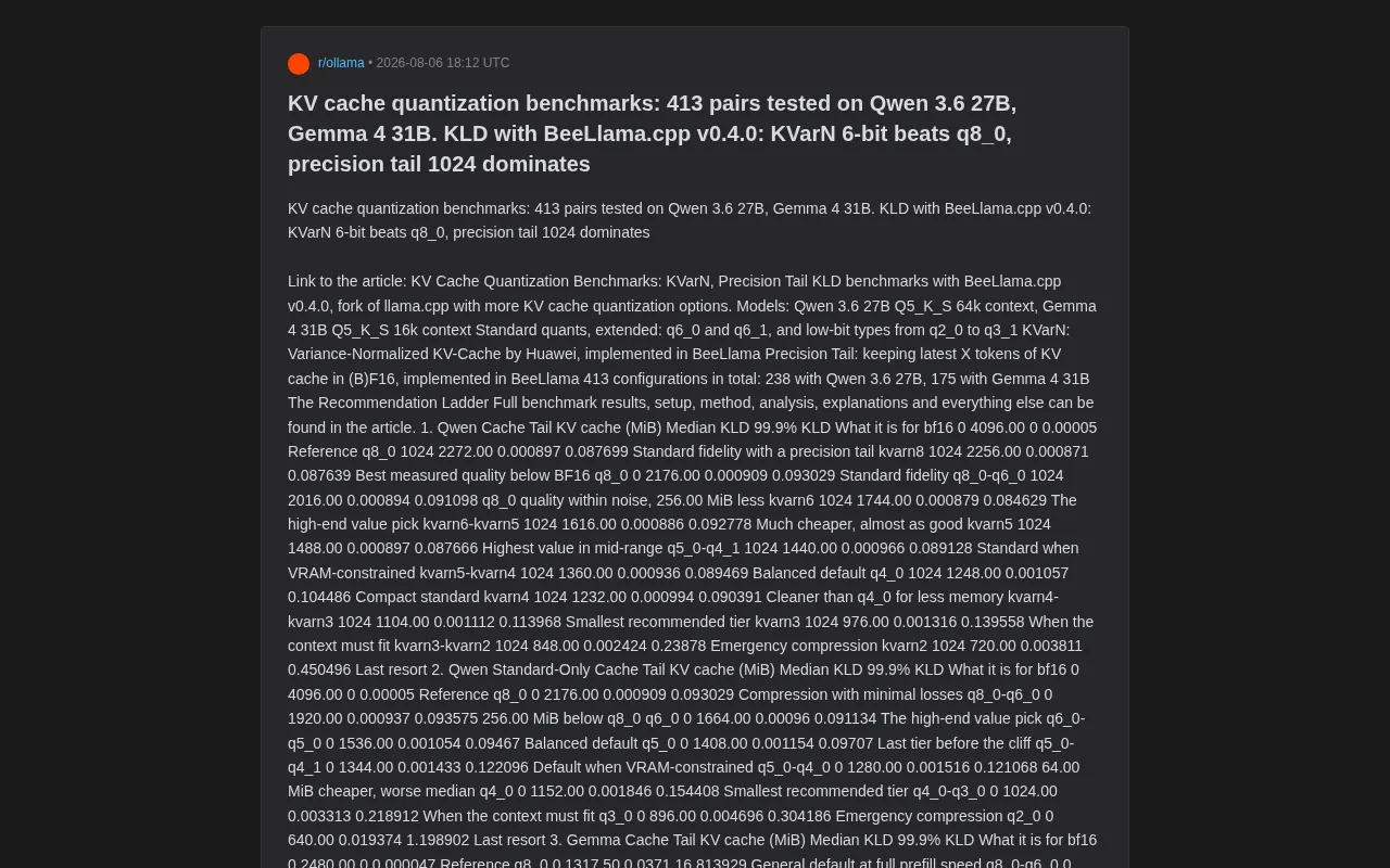 KV Cache Quantization Benchmark: 413 Configurations Reveal KVarN 6-bit Outperforming q8_0