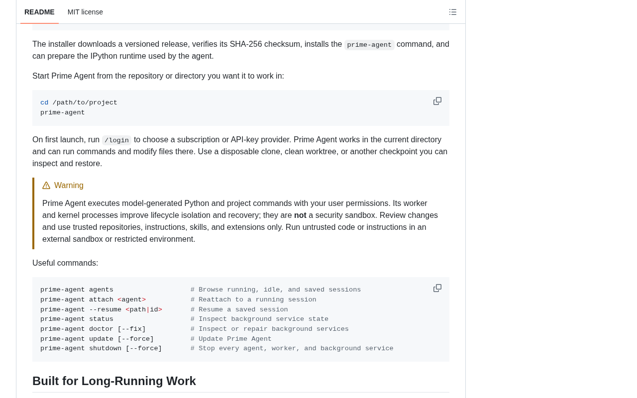 github source: PrimeIntellect-ai/prime-agent: A self-improving RLM agent for coding workflows and long-running auto