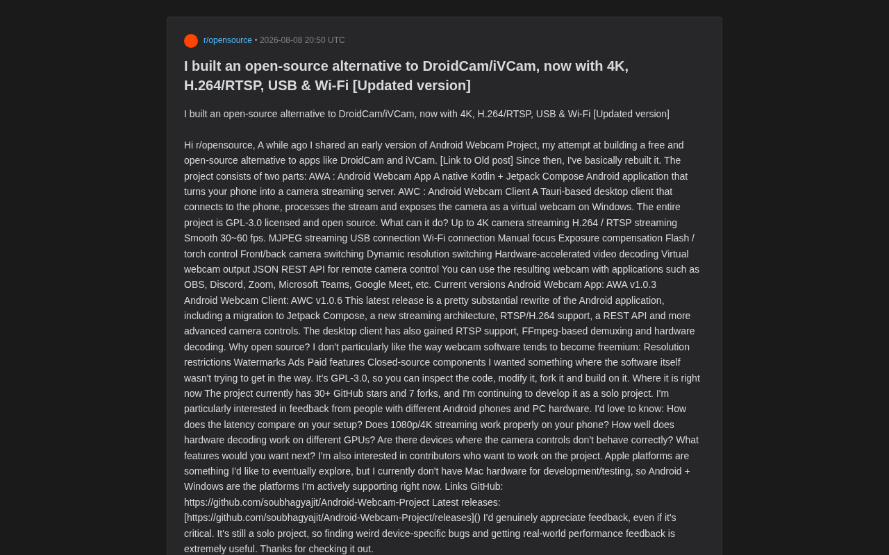 Android Webcam Project:开源手机变摄像头方案,4K/RTSP全支持