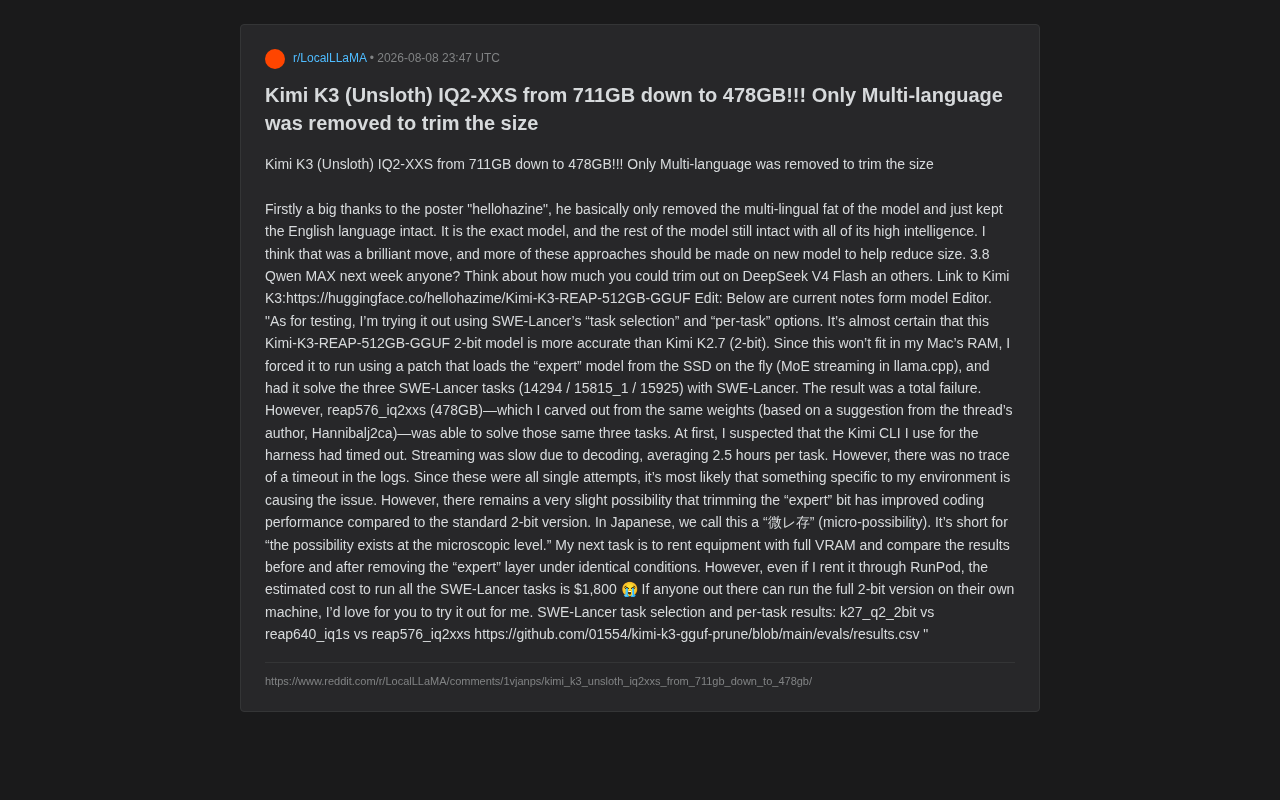 Kimi K3模型从711GB压缩至478GB:移除多语言层的定向瘦身实验
