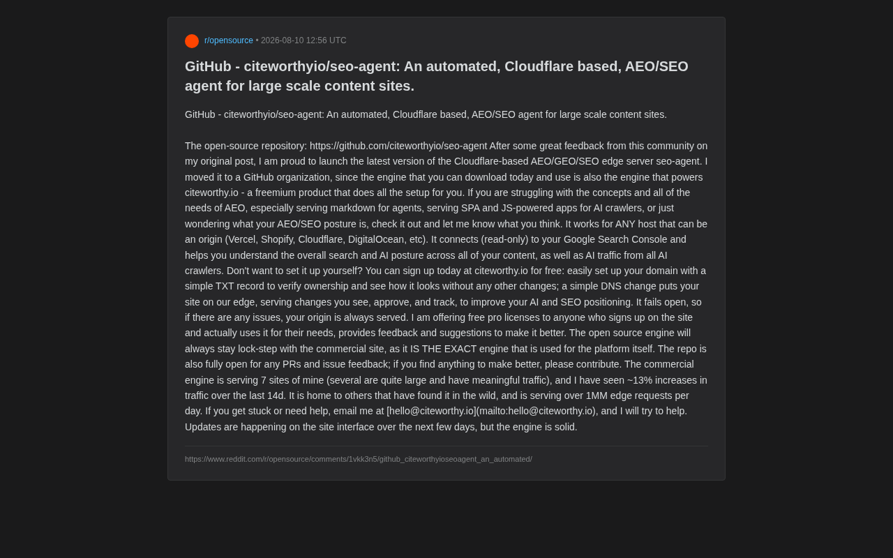 Open-Source seo-agent: A Cloudflare-Based AEO Edge Engine That Helps AI Crawlers Understand Your Website