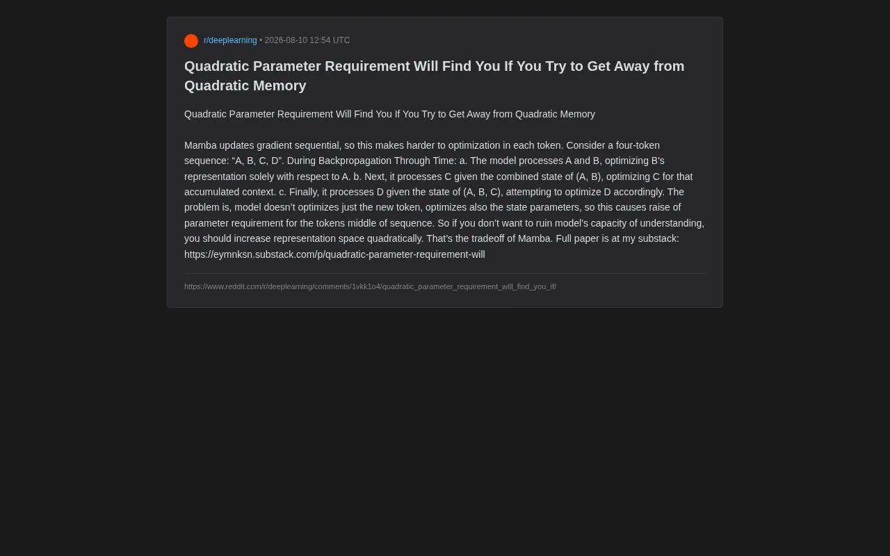 The Hidden Cost of Mamba: Escaping Quadratic Memory Only to Face Quadratic Parameter Demands