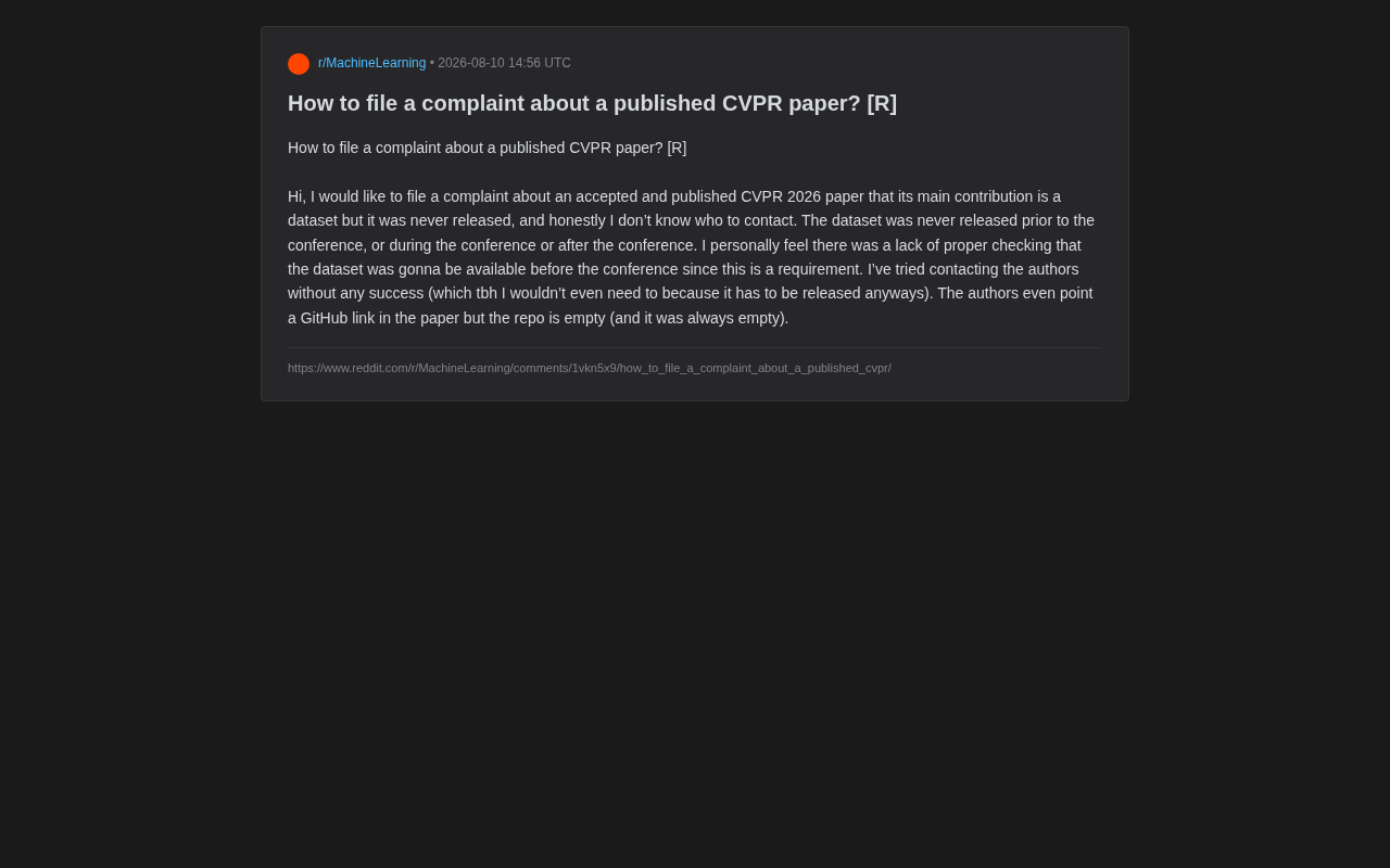 CVPR Paper Dataset Never Released: A Crisis of Academic Integrity and Reproducibility
