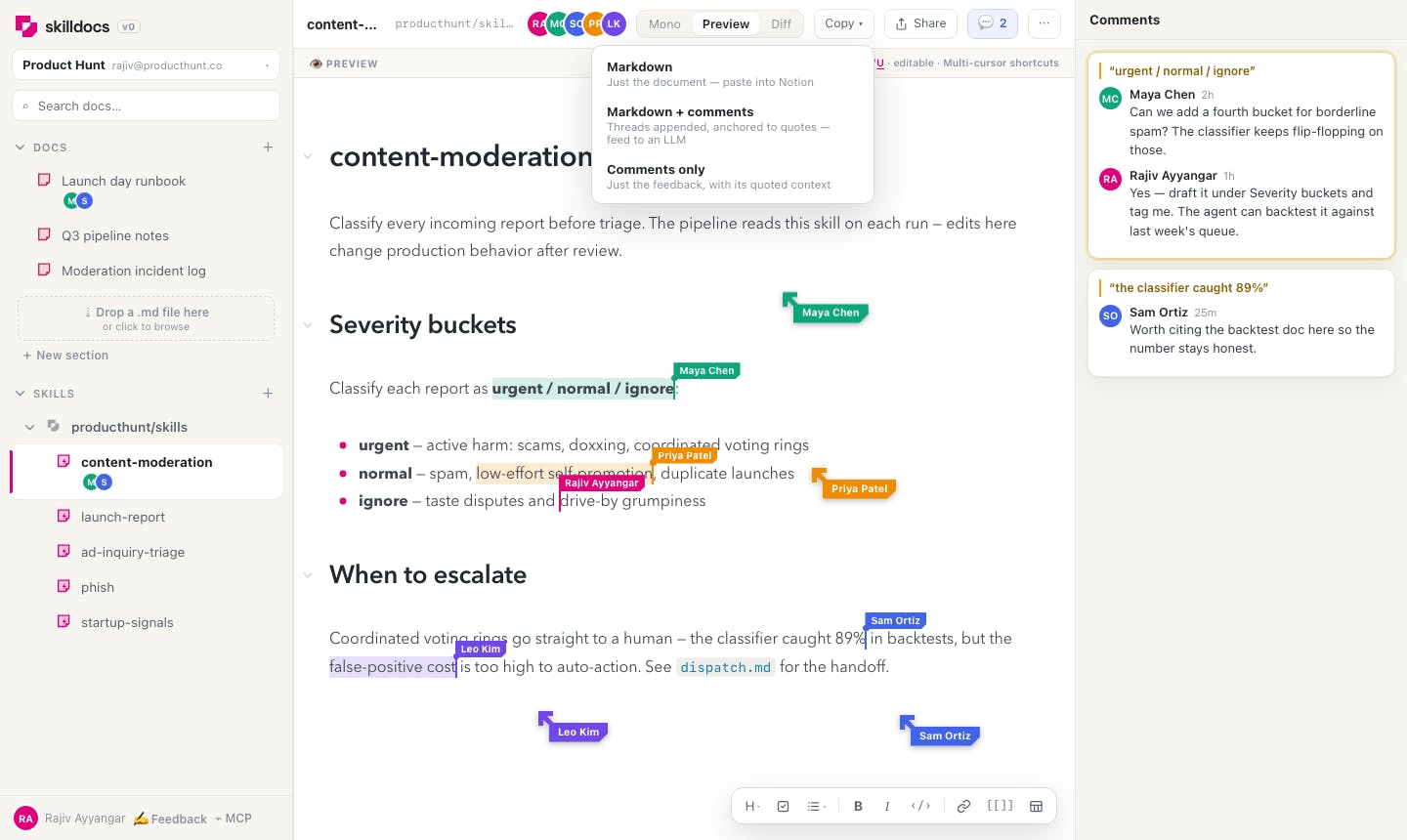 Skilldocs:Markdown实时协作编辑器,打通AI Agent工作流