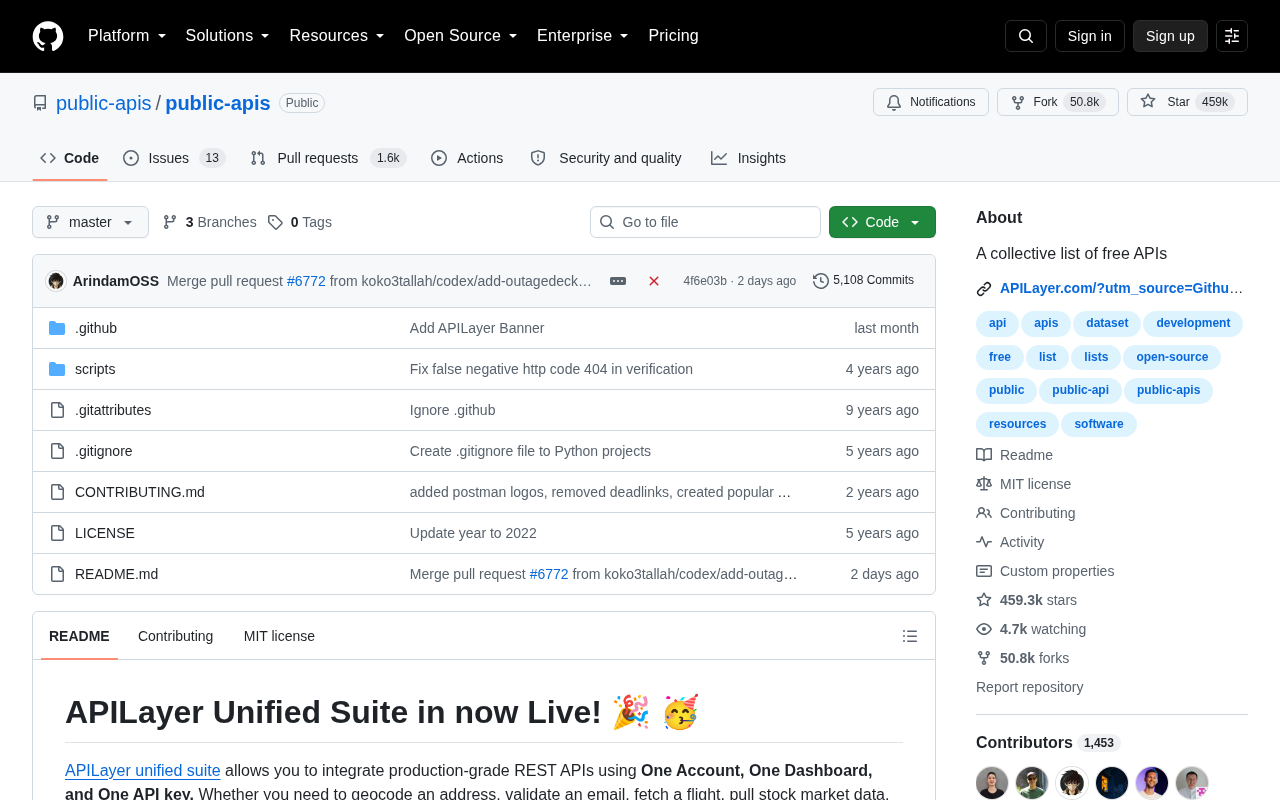public-apis:GitHub 45万星免费API资源大全