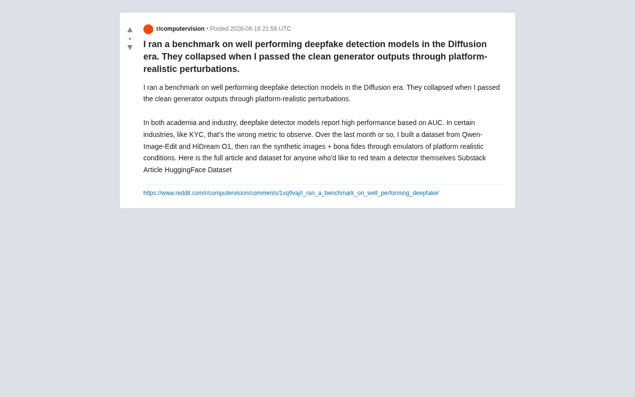 Deepfake Detectors Fail in the Diffusion Model Era: Why AUC Is No Longer a Reliable Metric
