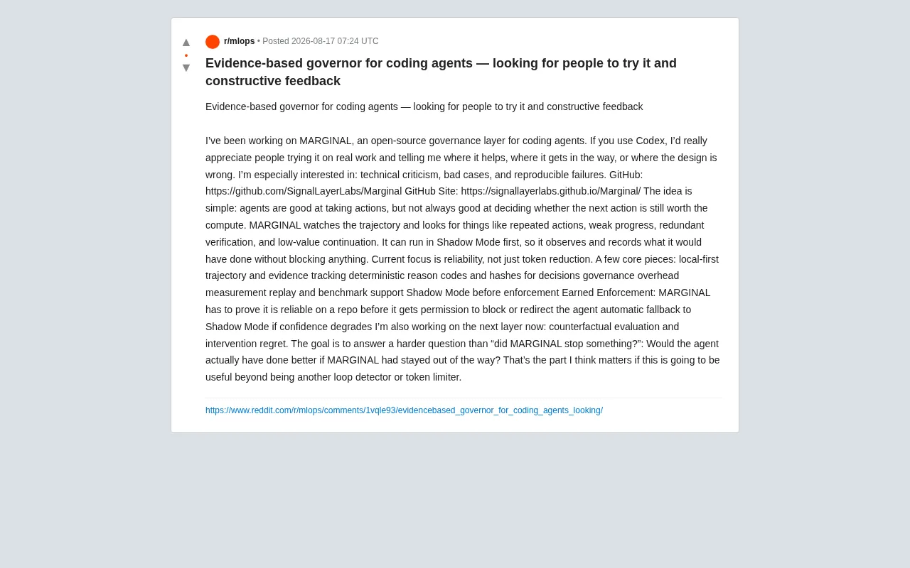 MARGINAL: An Evidence-Driven Governance Layer for Coding AI Agents
