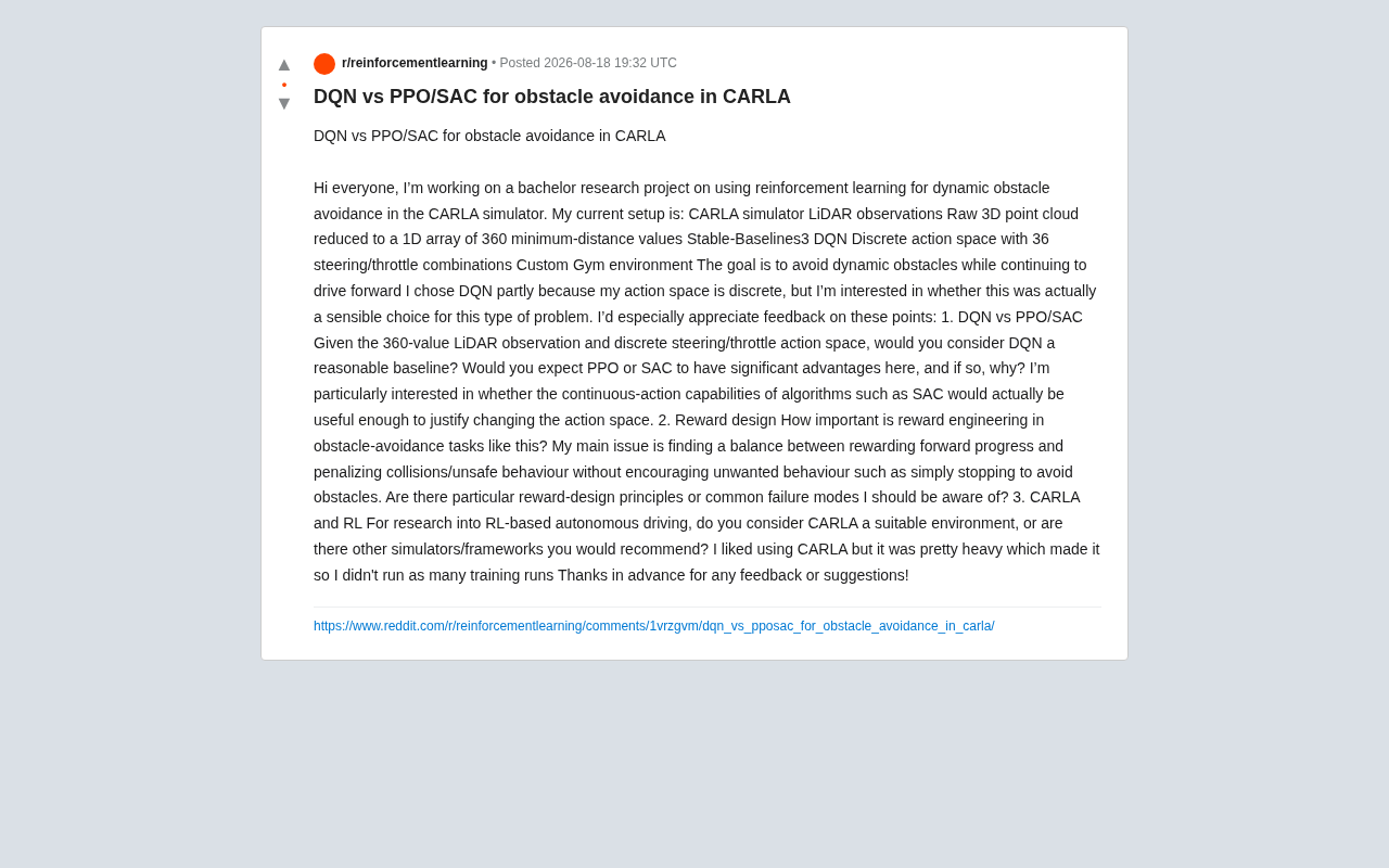 Reinforcement Learning for Obstacle Avoidance in CARLA: A Guide to Choosing Between DQN, PPO, and SAC