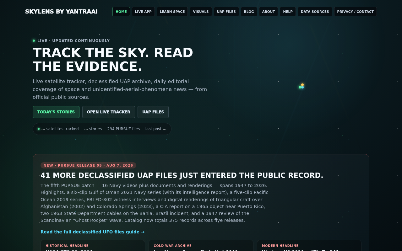 hackernews source: Show HN: Live 3D satellite tracker and the declassified Pentagon UFO archive